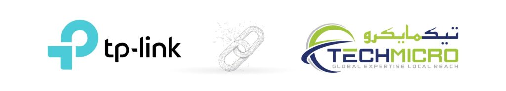 Official partnership between TP-Link and techmicro in Oman, symbolized by a connecting chain between both company logos.