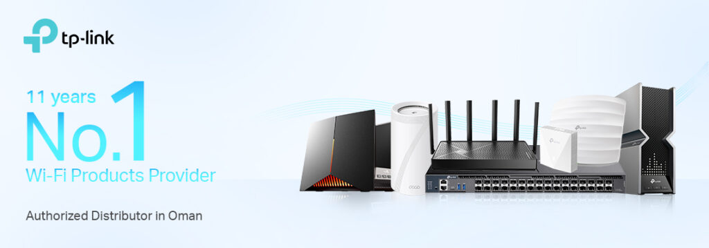 Banner showcasing TP-Link products available through Techmicro, the authorized TP-Link distributor for Oman.